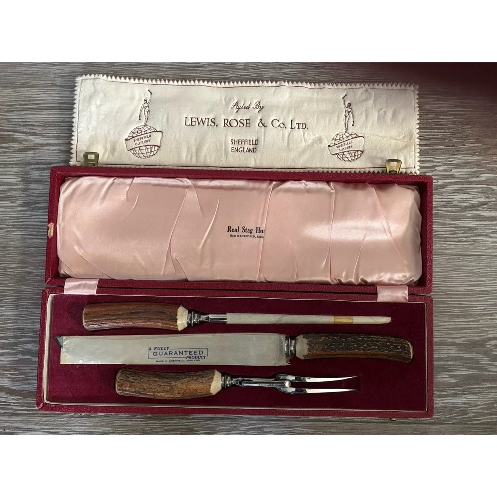 Lewis & Rose Co. Carved Stag Horn Cutlery Carving Set Sheffield England